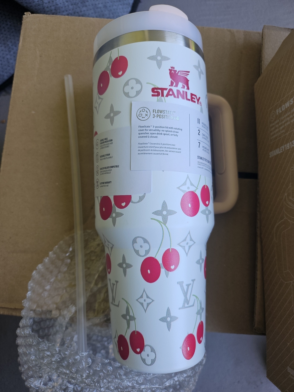 Stanley White Travel Mug with Pink Cherry Print and Pink Handle - Picture 2 of 6
